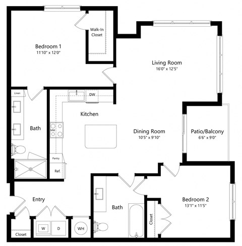 Floor plan for 2 beds, 2 baths, 1211 sqft
